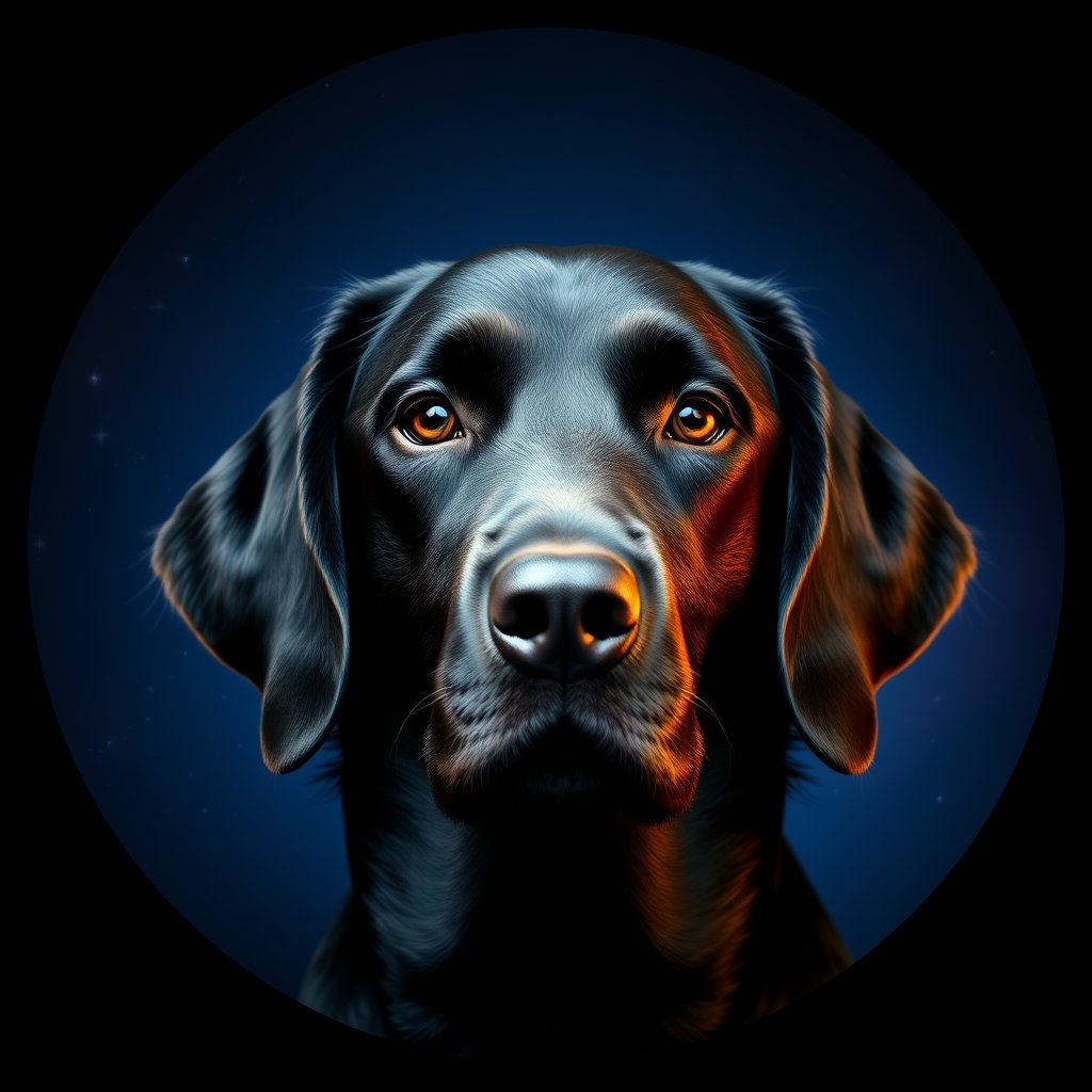 Cosmic medallion portrait of Flat_Coated_Retriever_6883, a Flat Coated Retriever
