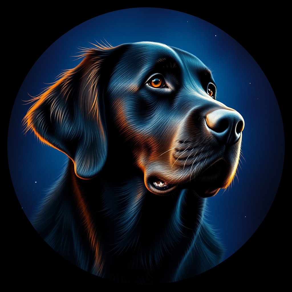 Cosmic medallion portrait of Flat_Coated_Retriever_6919, a Flat Coated Retriever