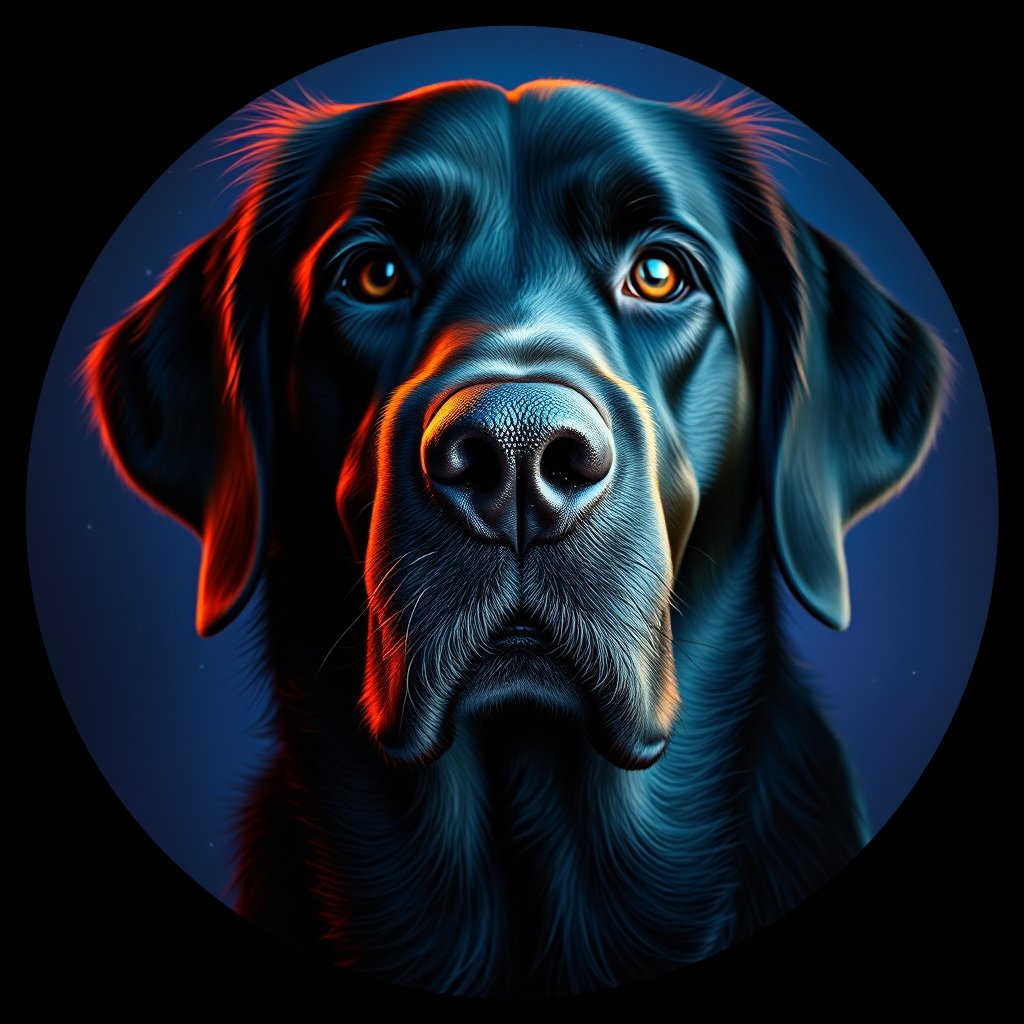 Cosmic medallion portrait of Flat_Coated_Retriever_7018, a Flat Coated Retriever