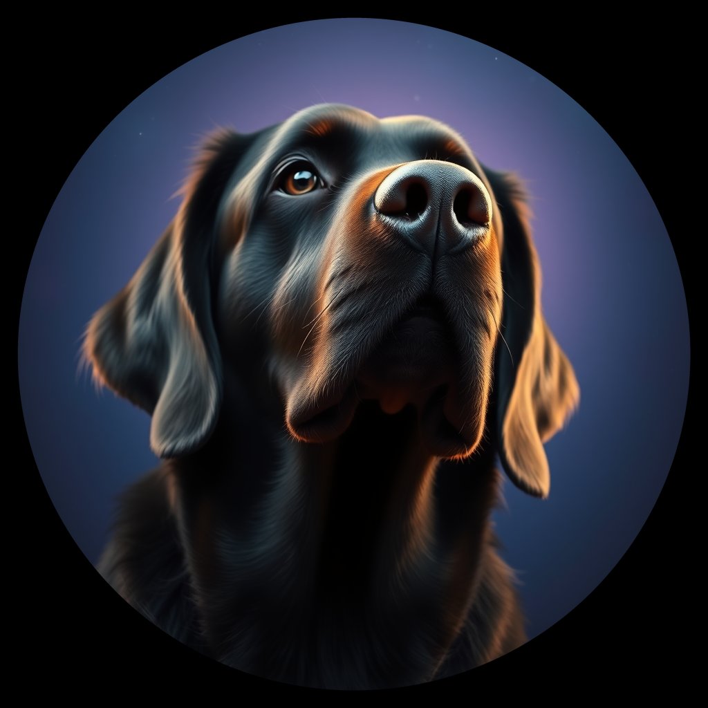 Cosmic medallion portrait of Flat_Coated_Retriever_7019, a Flat Coated Retriever