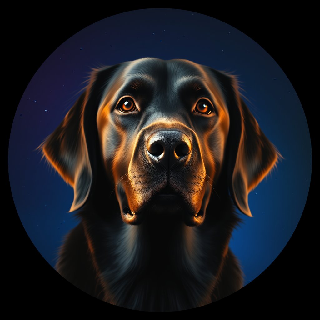 Cosmic medallion portrait of Flat_Coated_Retriever_7020, a Flat Coated Retriever