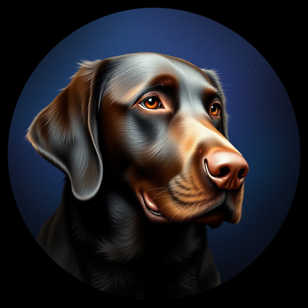 Cosmic medallion portrait of Flat_Coated_Retriever_7021, a Flat Coated Retriever