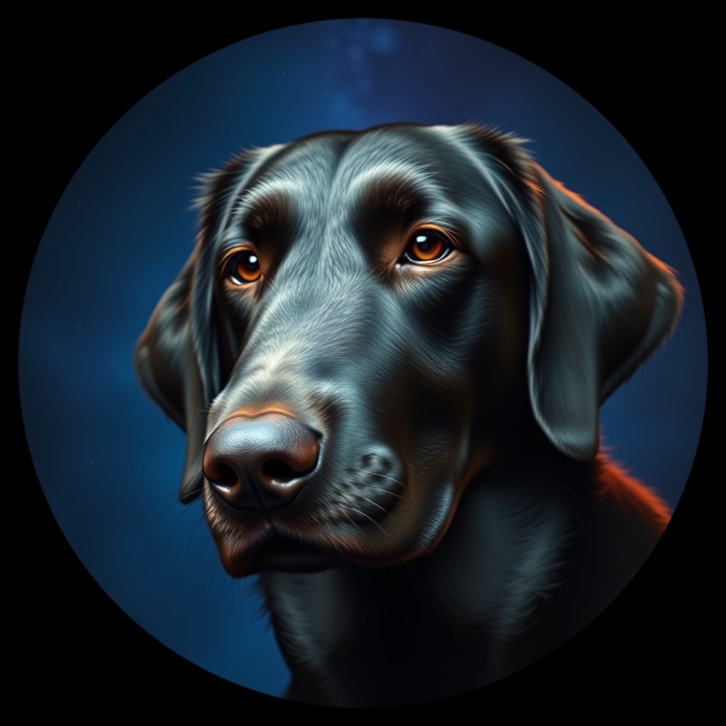 Cosmic medallion portrait of Flat_Coated_Retriever_7800, a Flat Coated Retriever