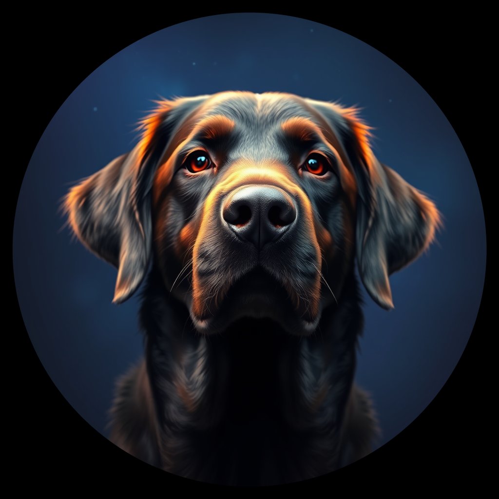 Cosmic medallion portrait of Flat_Coated_Retriever_8364, a Flat Coated Retriever