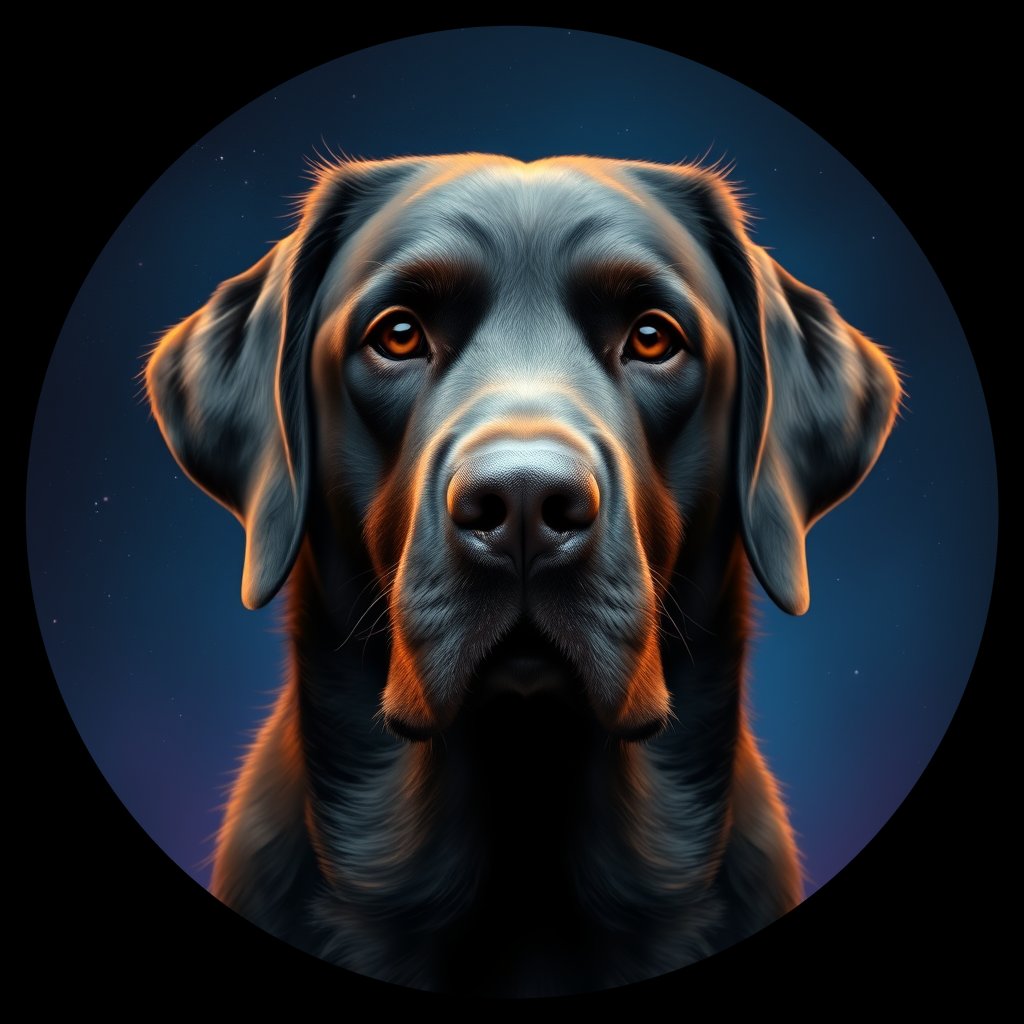 Cosmic medallion portrait of Flat_Coated_Retriever_8983, a Flat Coated Retriever
