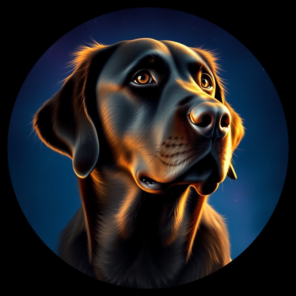Cosmic medallion portrait of Flat_Coated_Retriever_9232, a Flat Coated Retriever
