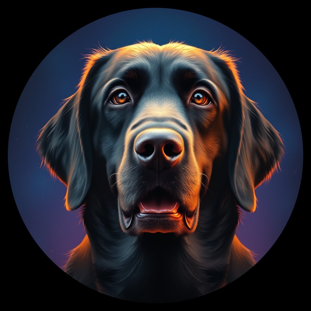 Cosmic medallion portrait of Flat_Coated_Retriever_DH, a Flat Coated Retriever