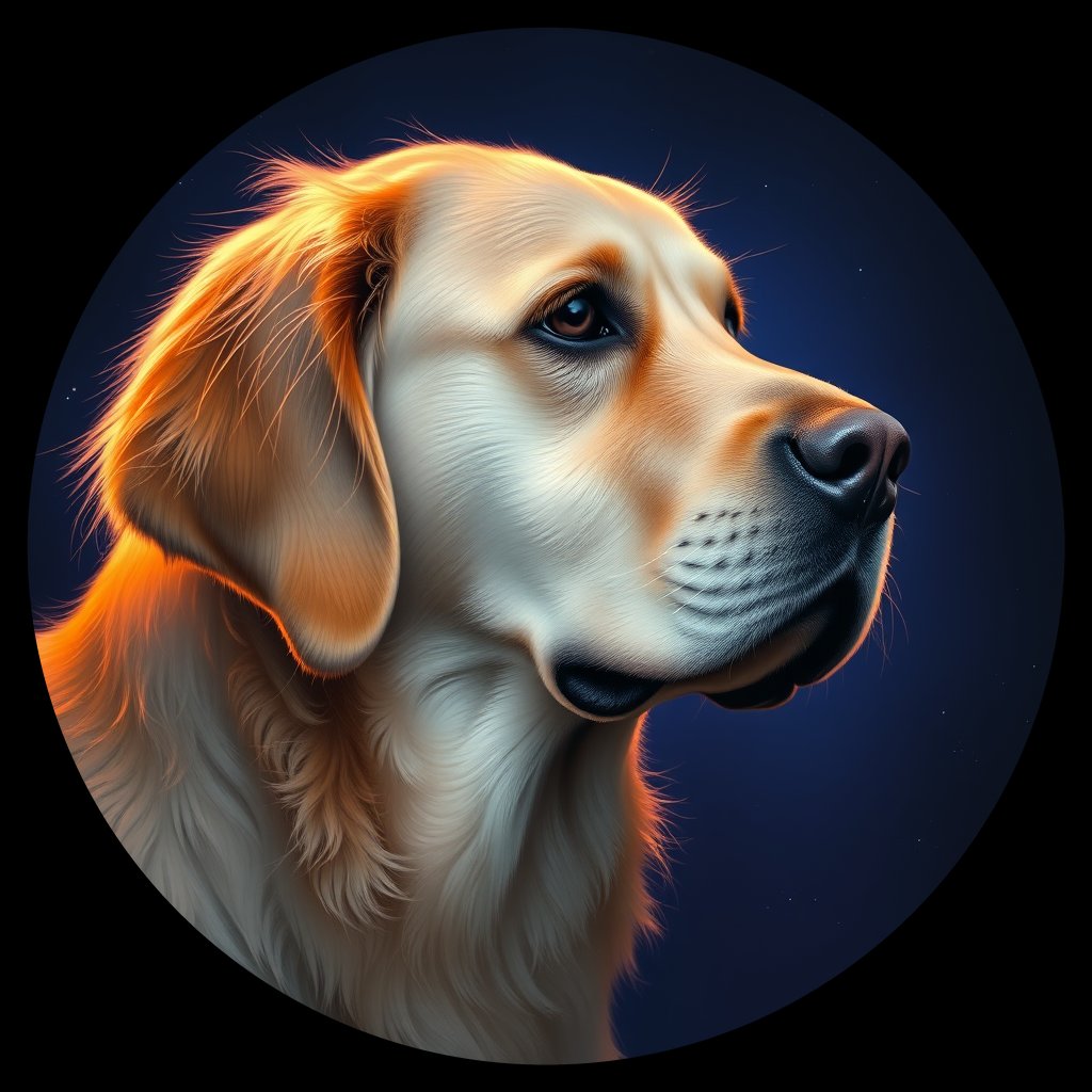 Cosmic medallion portrait of GOLD_25025, a Golden Retriever