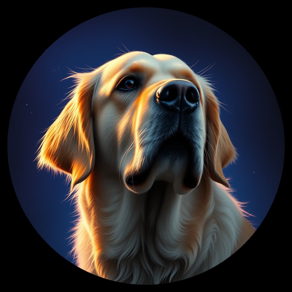 Cosmic medallion portrait of GOLD_25189, a Golden Retriever