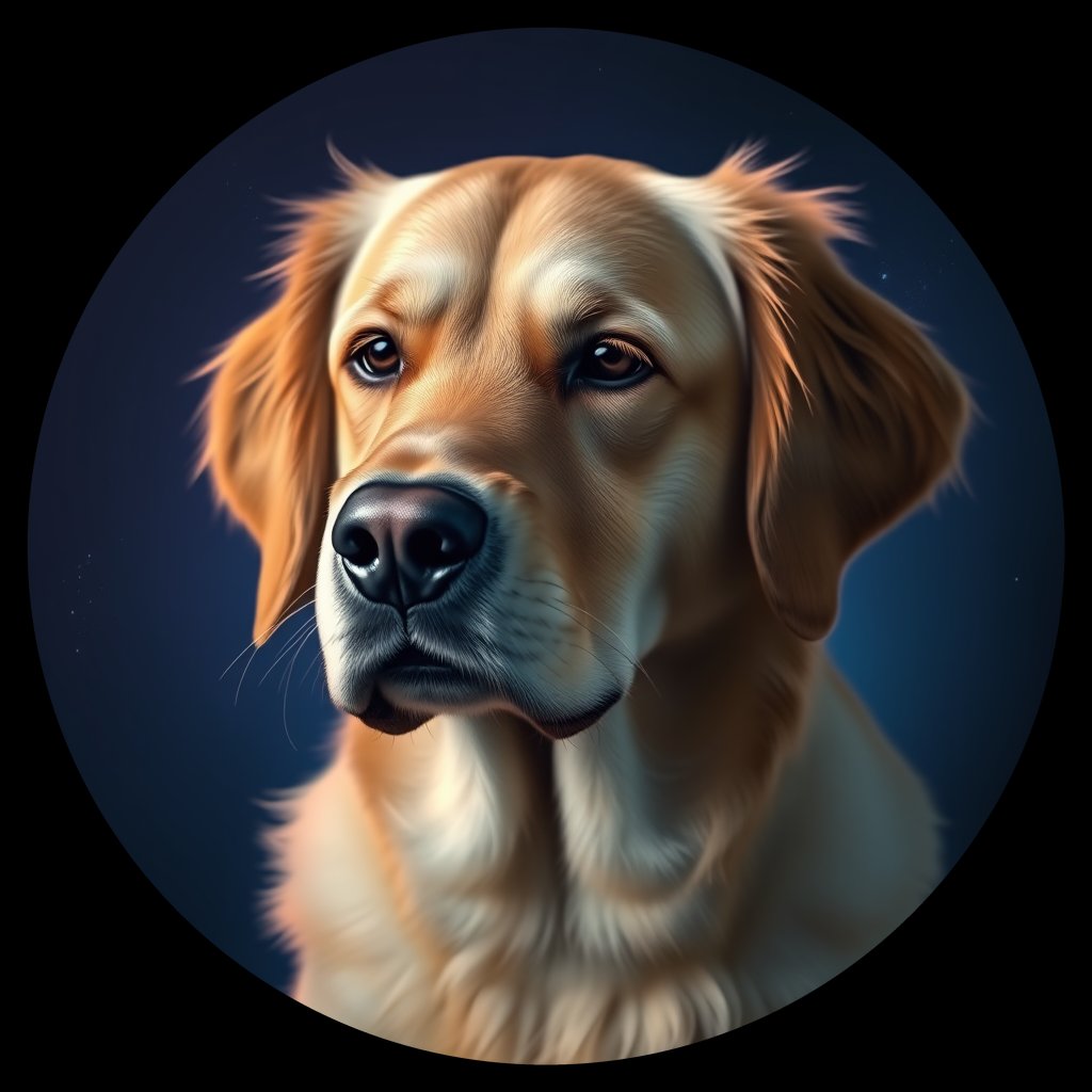 Cosmic medallion portrait of GOLD_25361, a Golden Retriever