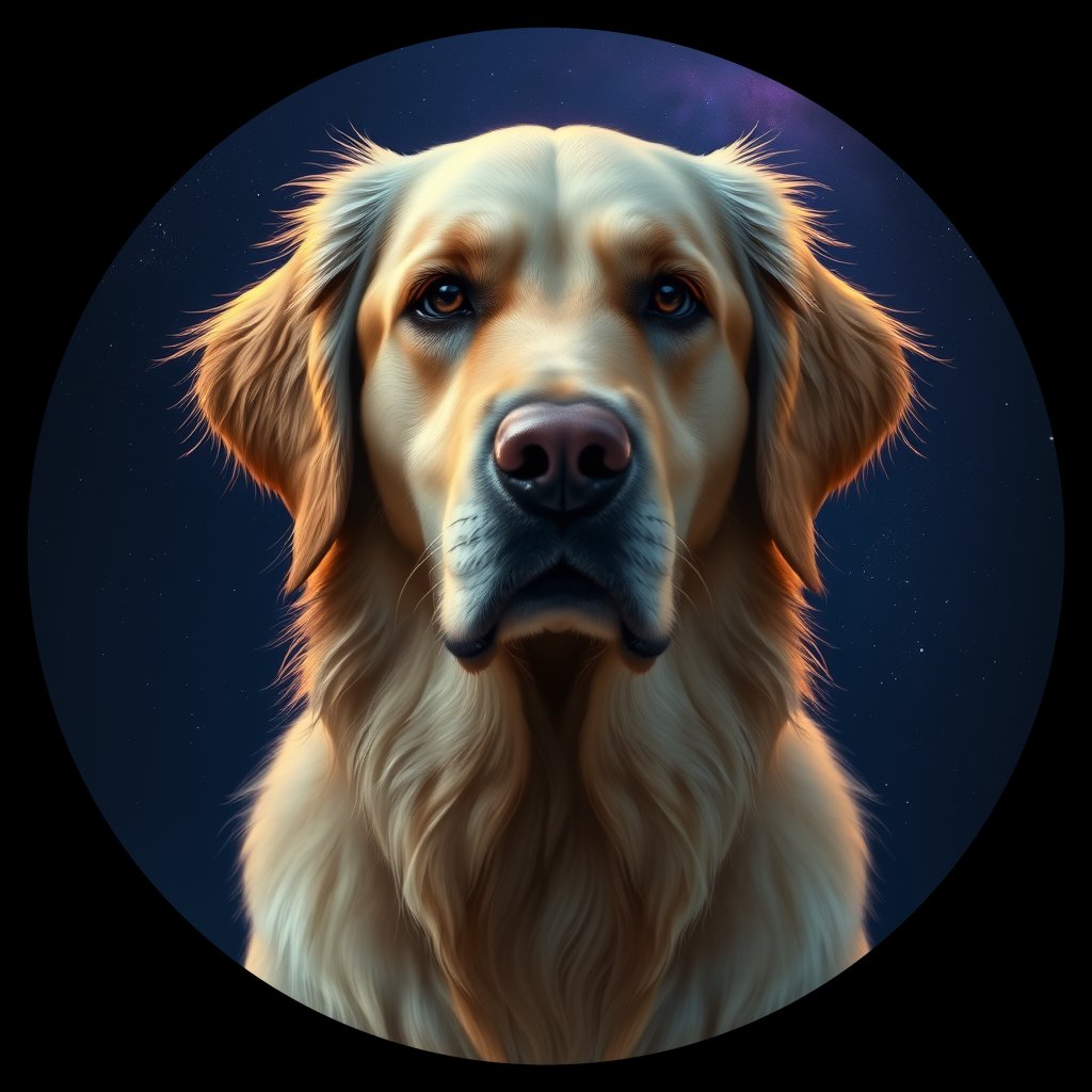 Cosmic medallion portrait of GOLD_GOLD_27005, a Golden Retriever