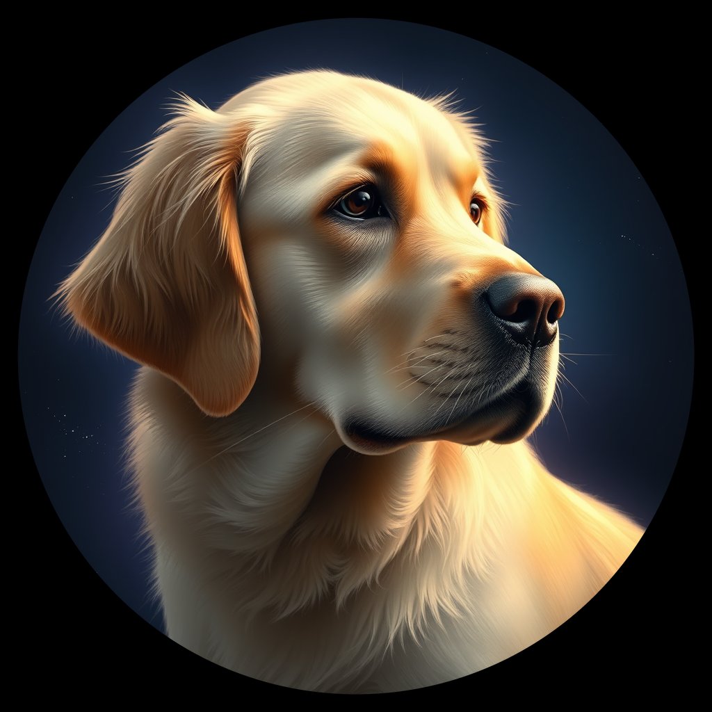 Cosmic medallion portrait of GRLS_grls04KX35EE, a Golden Retriever
