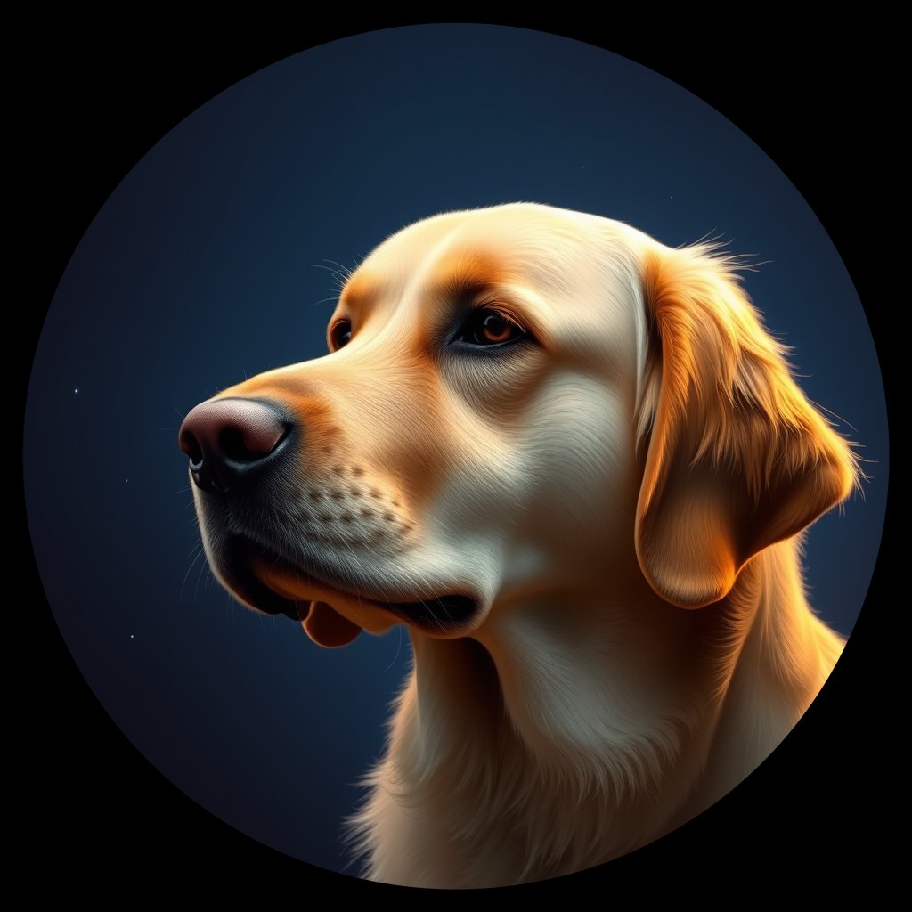 Cosmic medallion portrait of GRLS_grls0B5181FF, a Golden Retriever