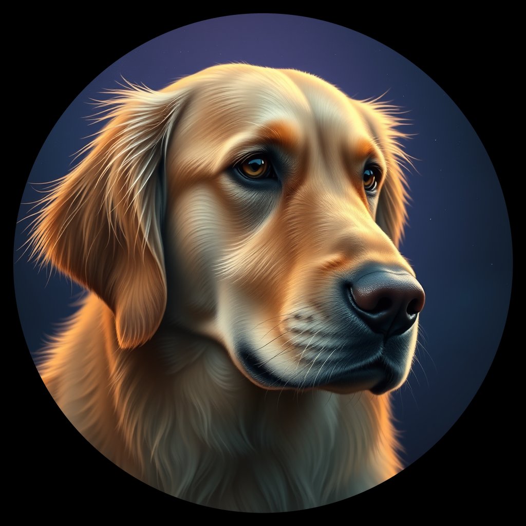 Cosmic medallion portrait of GRLS_grls0FZYUVOO, a Golden Retriever