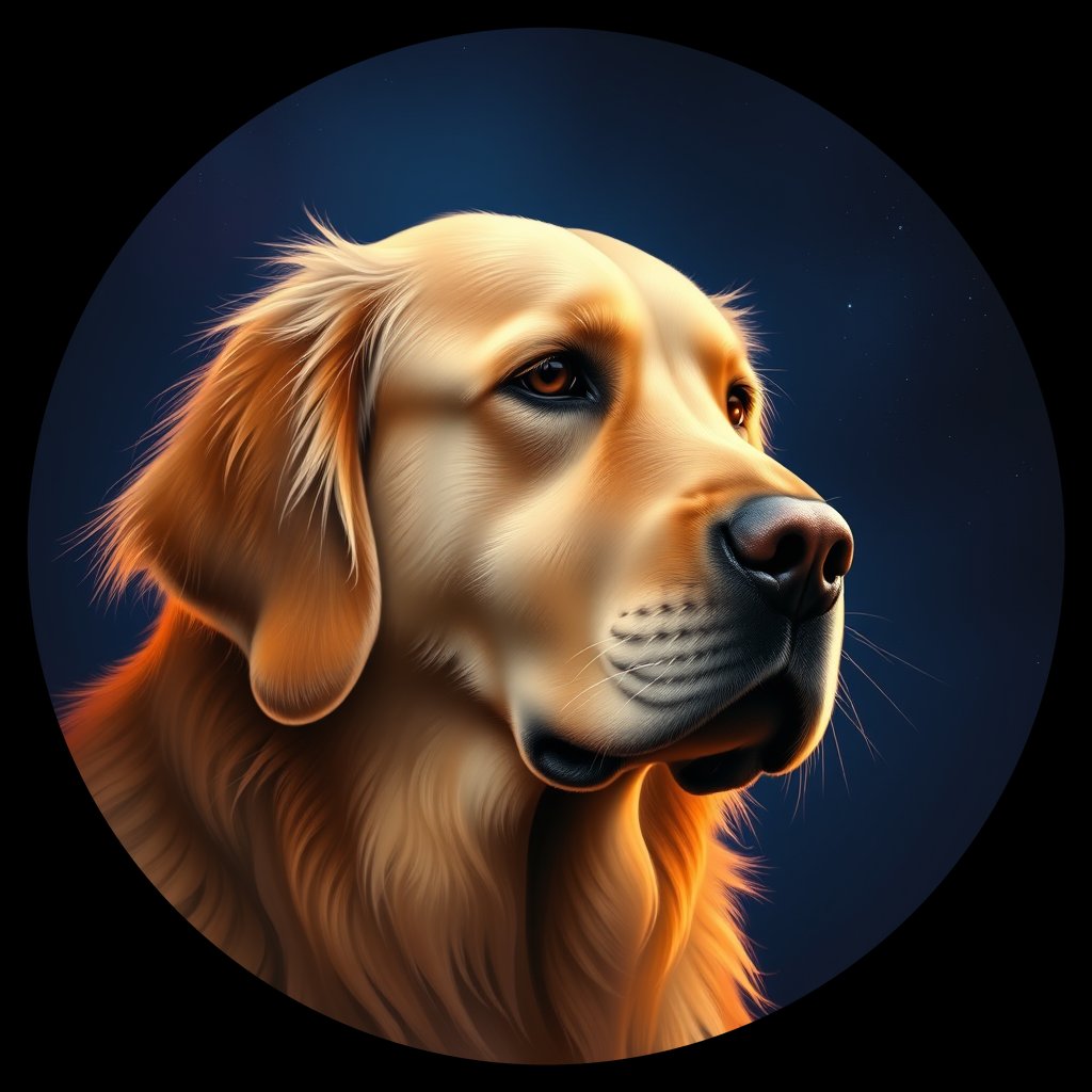 Cosmic medallion portrait of GRLS_grls0R37Y2WW, a Golden Retriever