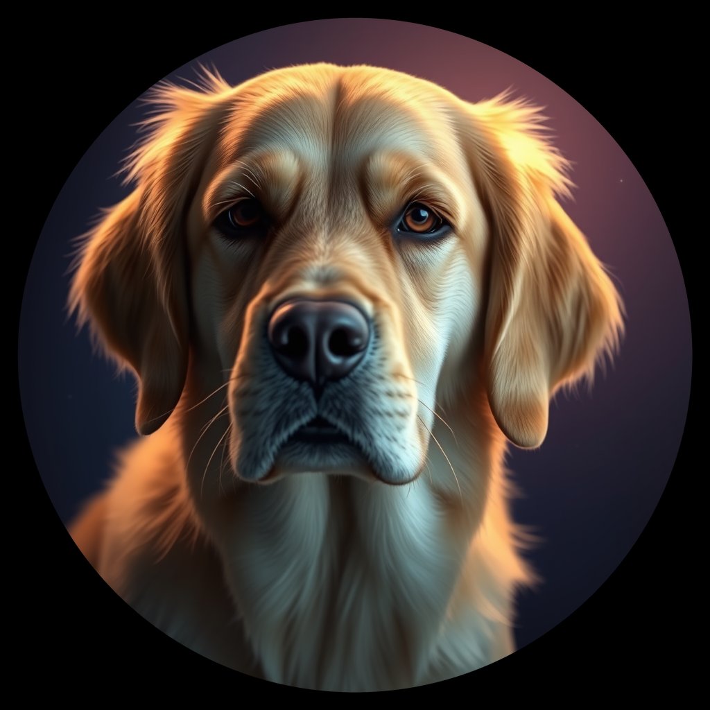Cosmic medallion portrait of GRLS_grls17J6WYY, a Golden Retriever