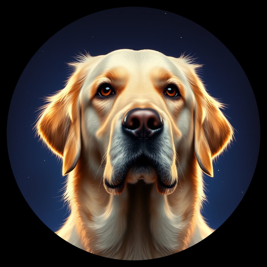 Cosmic medallion portrait of GRLS_grls1FDQRRR, a Golden Retriever