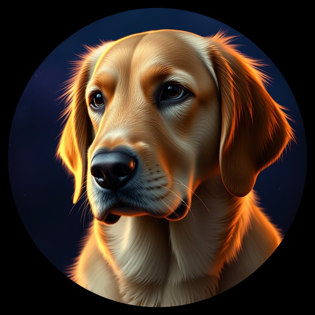 Cosmic medallion portrait of GRLS_grls1JY77077, a Golden Retriever