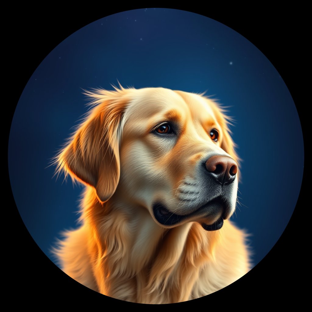 Cosmic medallion portrait of GRLS_grls1NG4CBXX, a Golden Retriever