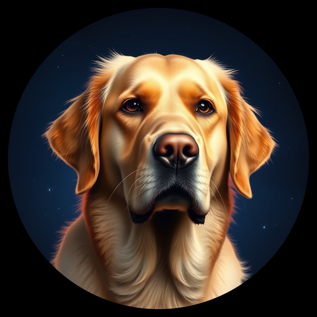 Cosmic medallion portrait of GRLS_grls1P8BR1KK, a Golden Retriever