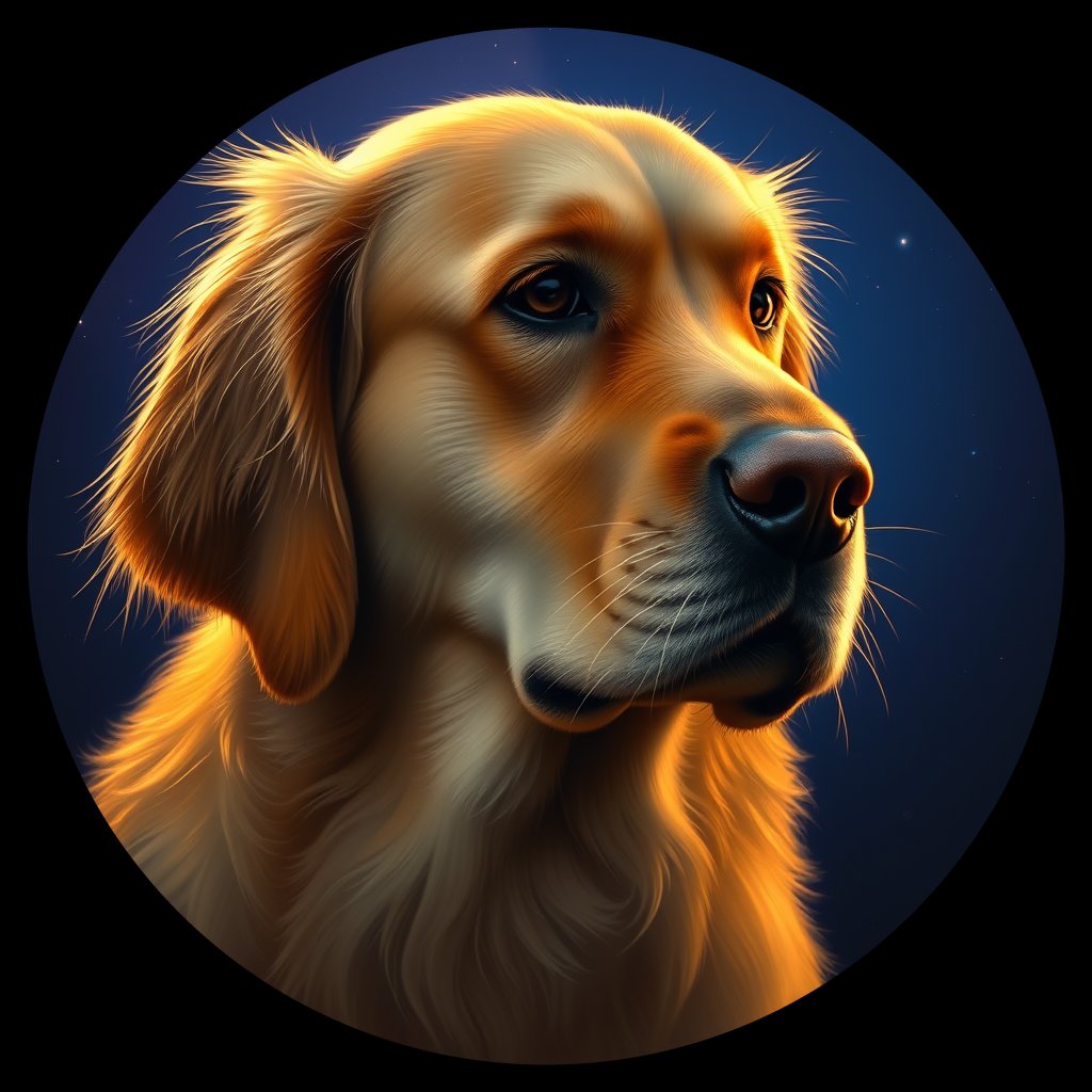Cosmic medallion portrait of GRLS_grls1THP76HH, a Golden Retriever