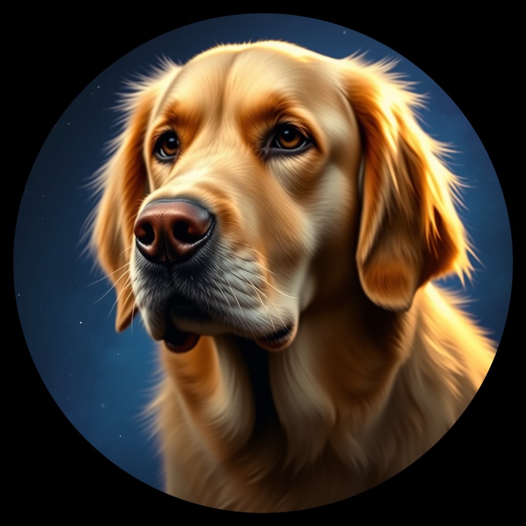 Cosmic medallion portrait of GRLS_grls1W2Z1HOO, a Golden Retriever