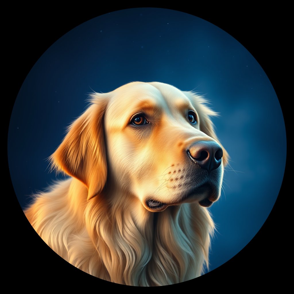Cosmic medallion portrait of GRLS_grls1XT2PQ77, a Golden Retriever