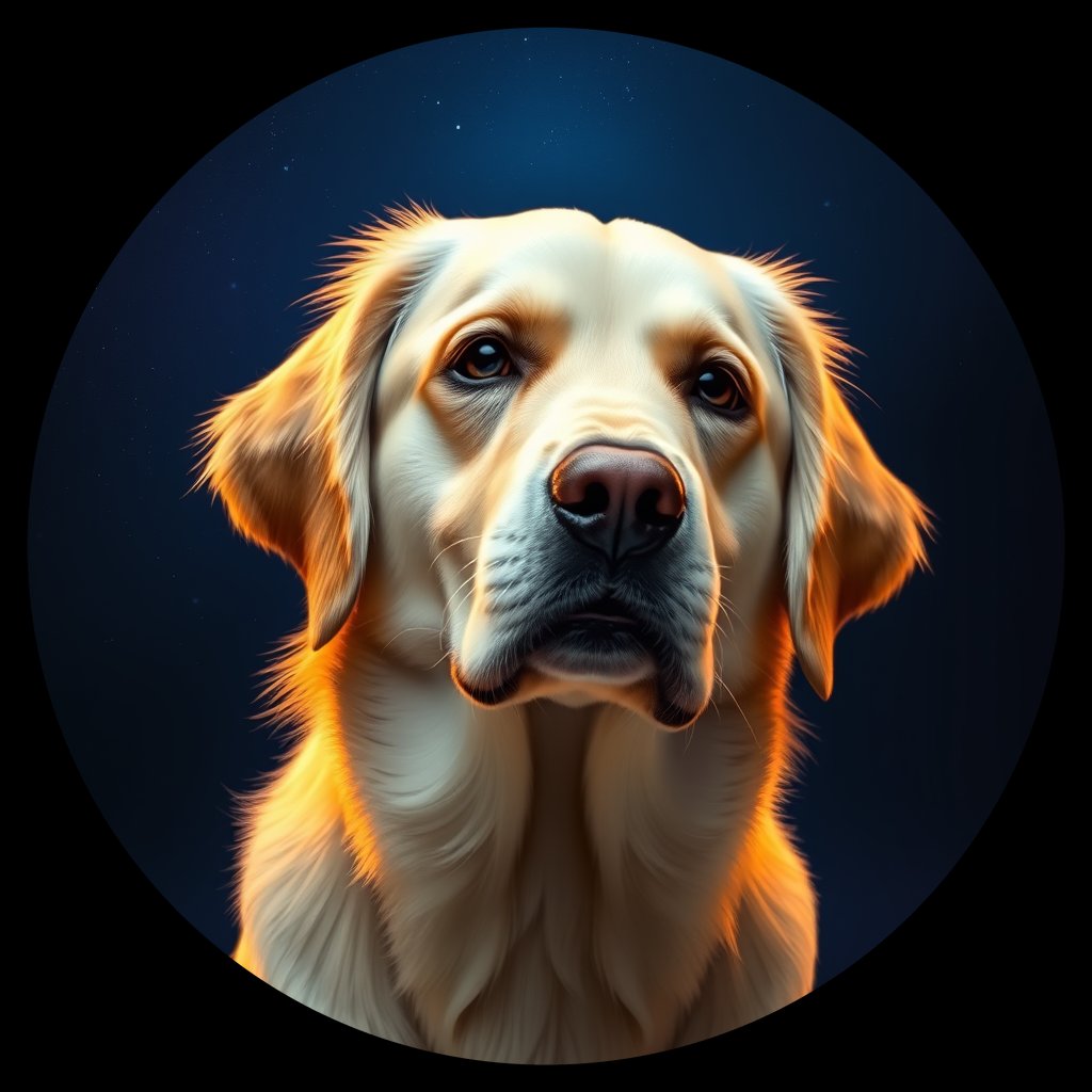 Cosmic medallion portrait of GRLS_grls1Y1K30GG, a Golden Retriever