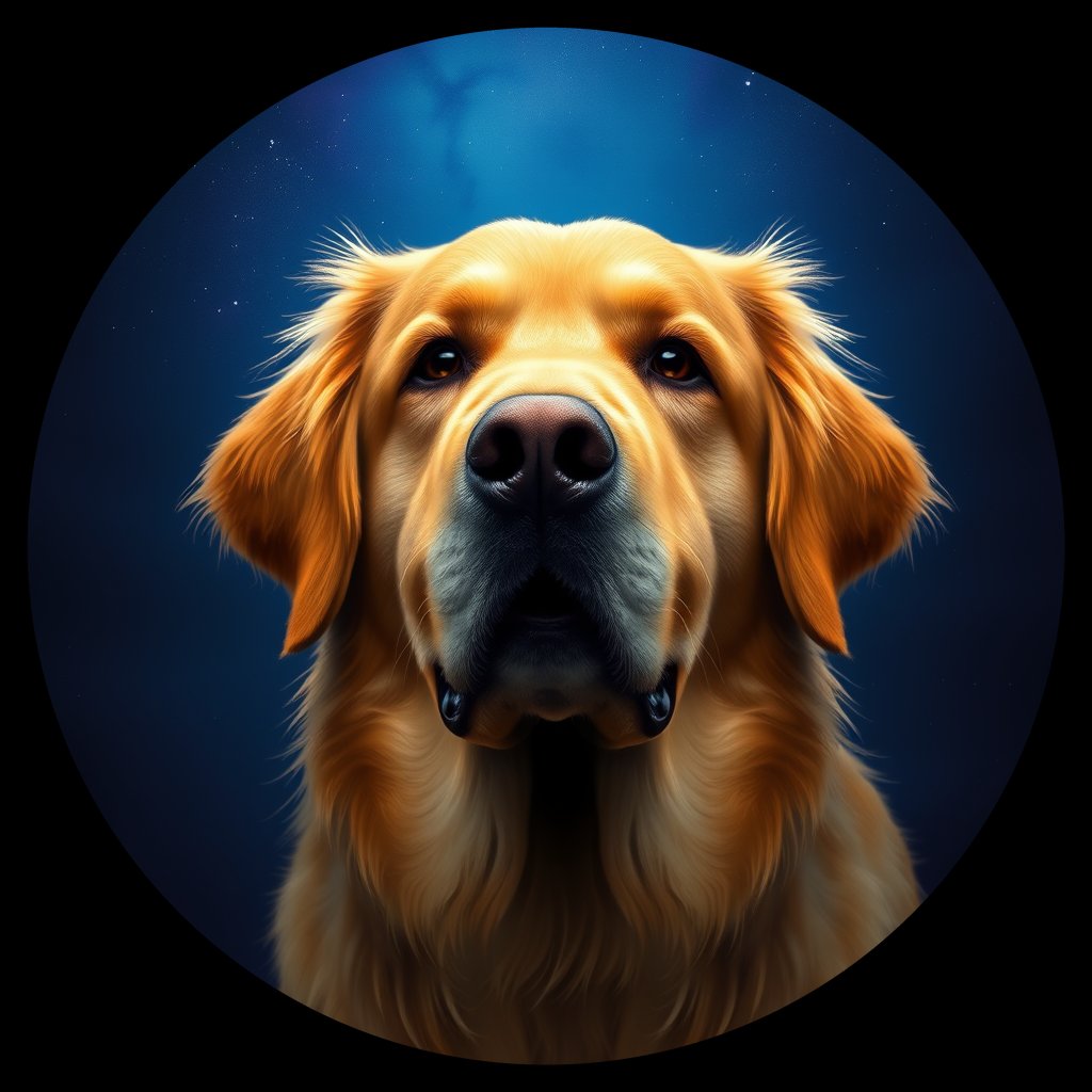 Cosmic medallion portrait of GRLS_grls23BTJ6WW, a Golden Retriever