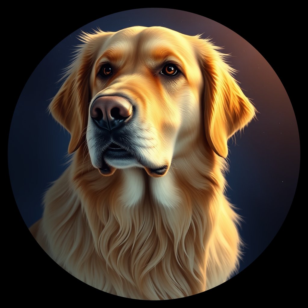 Cosmic medallion portrait of GRLS_grls2E2MQW66, a Golden Retriever