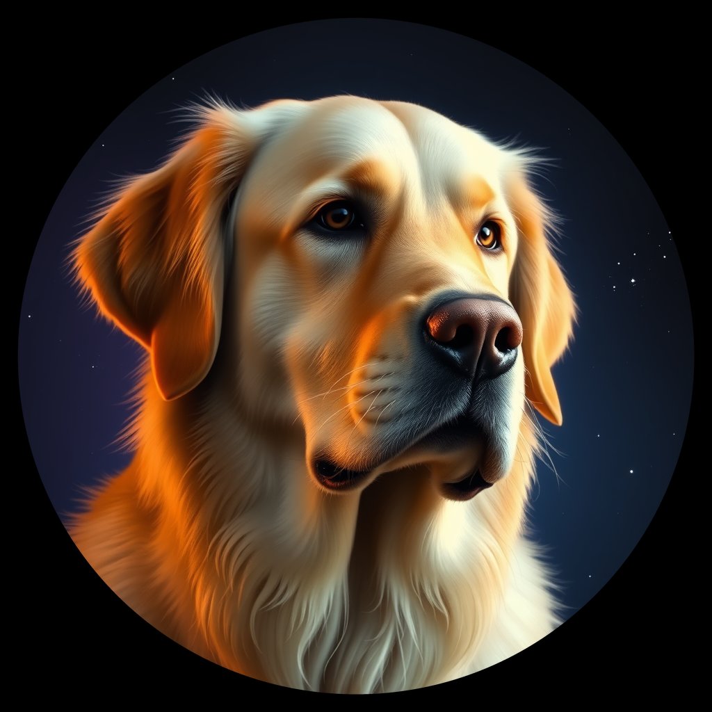 Cosmic medallion portrait of GRLS_grls2G0V1FEE, a Golden Retriever