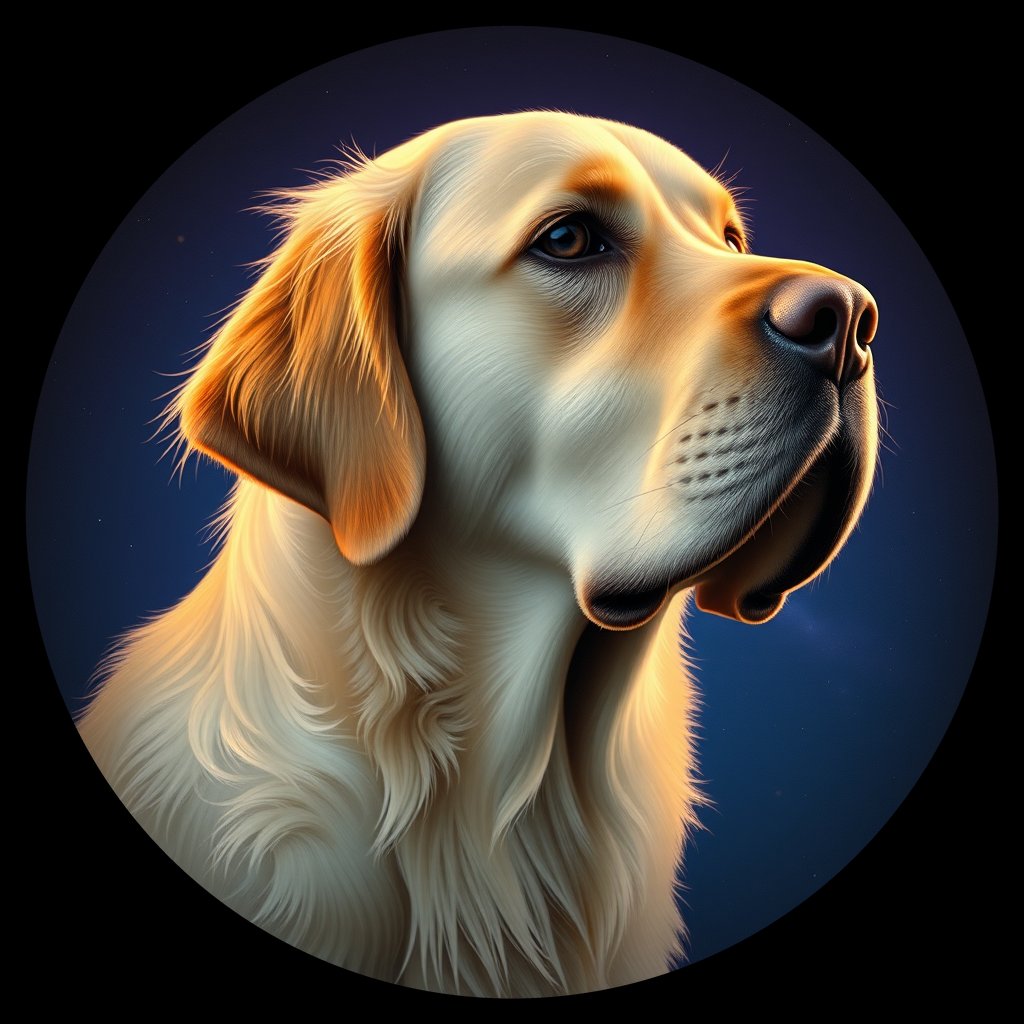 Cosmic medallion portrait of GRLS_grls2G4XIHWW, a Golden Retriever