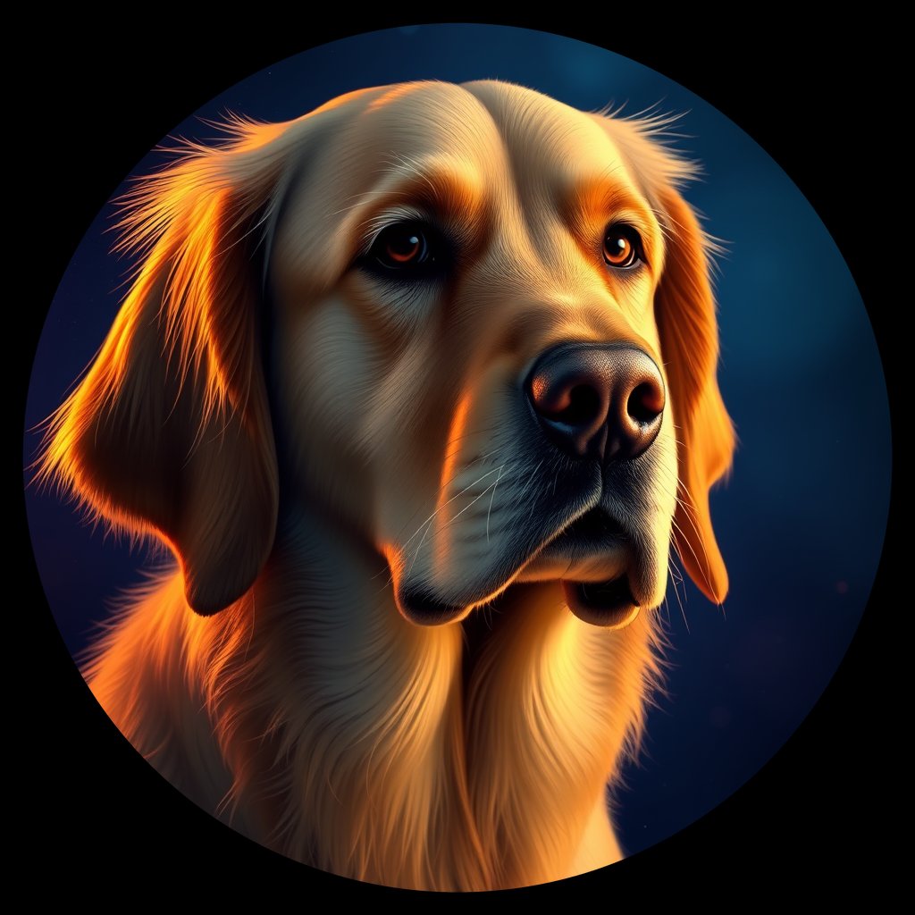 Cosmic medallion portrait of GRLS_grls2GO1GZOO, a Golden Retriever