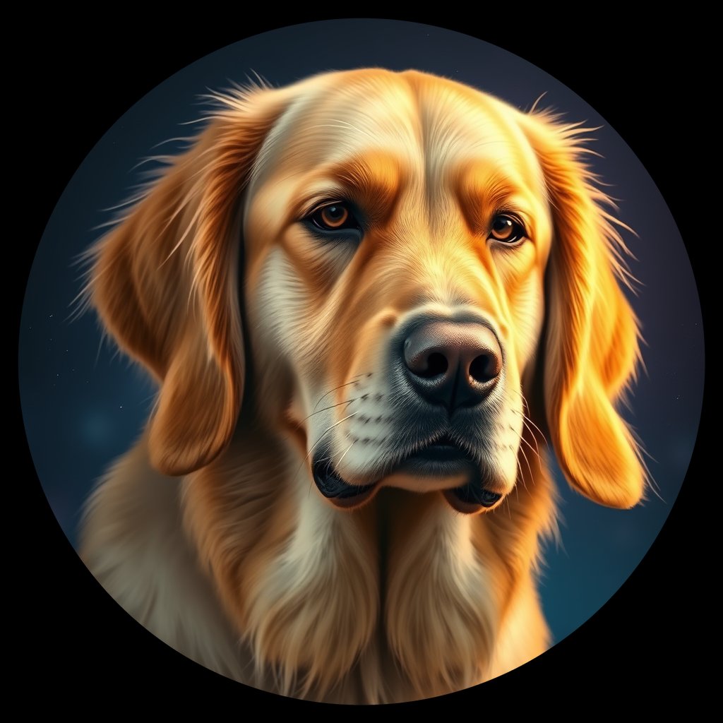 Cosmic medallion portrait of GRLS_grls2GVZEY99, a Golden Retriever