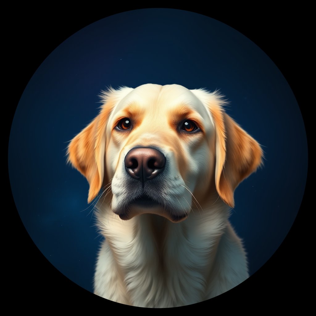 Cosmic medallion portrait of GRLS_grls2J2QFTTT, a Golden Retriever