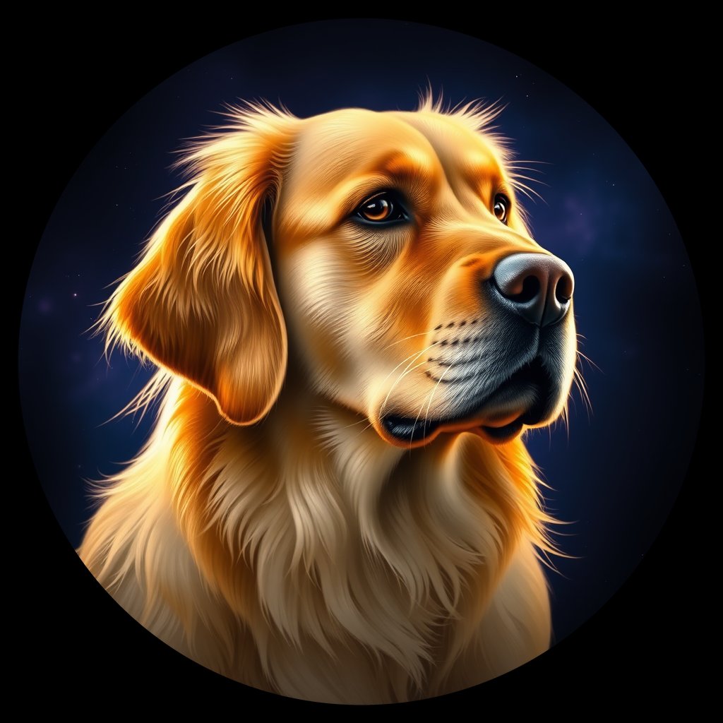 Cosmic medallion portrait of GRLS_grls2KOUK9KK, a Golden Retriever