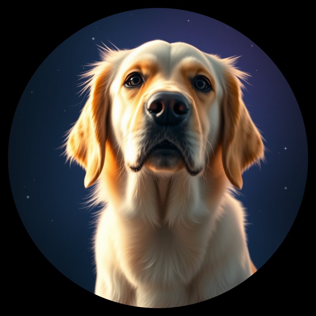 Cosmic medallion portrait of GRLS_grls2ME5U9UU, a Golden Retriever