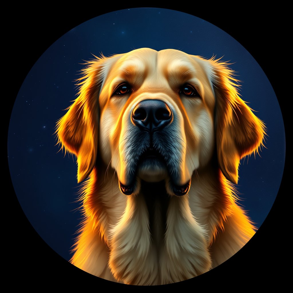 Cosmic medallion portrait of GRLS_grls2QGMRPRR, a Golden Retriever