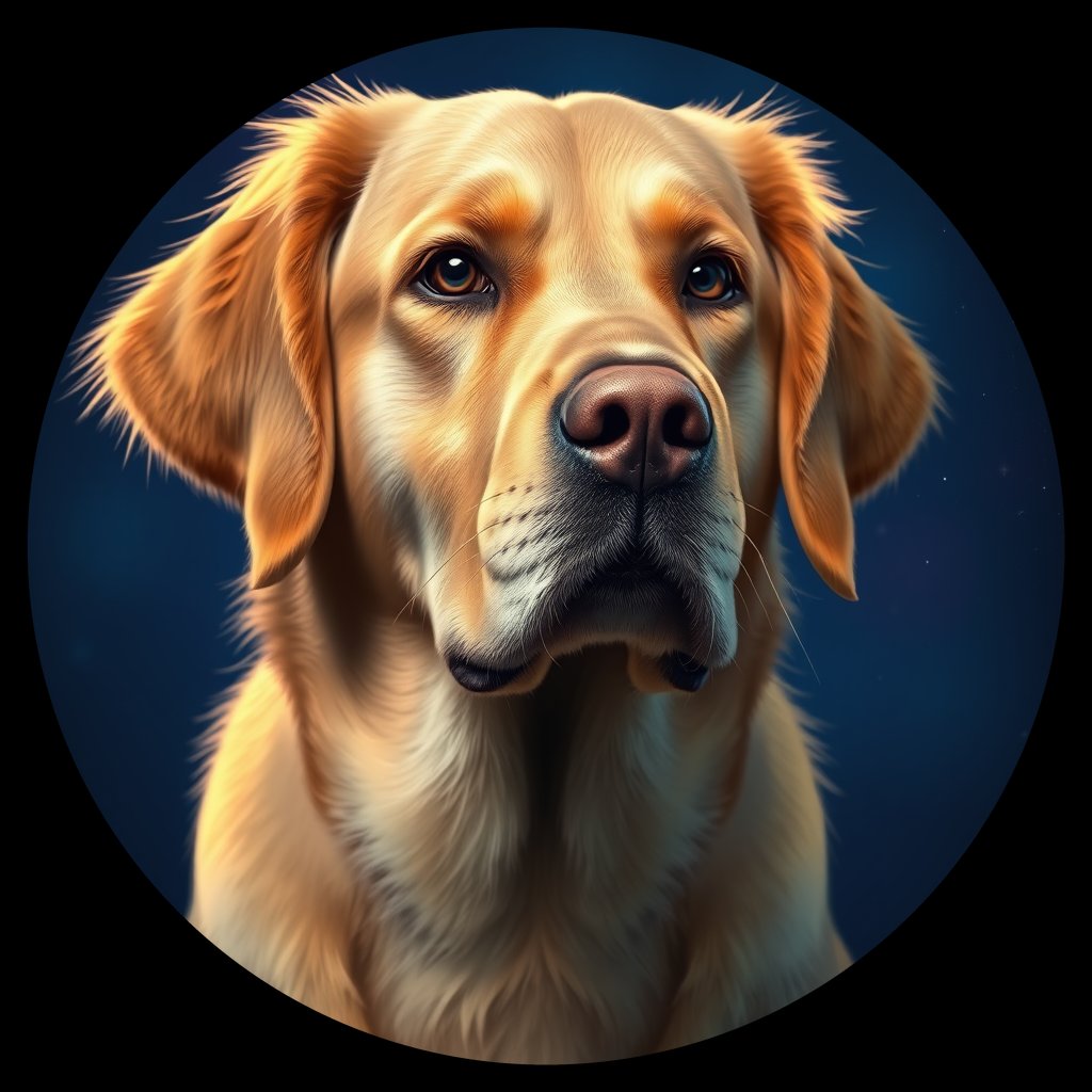 Cosmic medallion portrait of GRLS_grls2VKC6477, a Golden Retriever