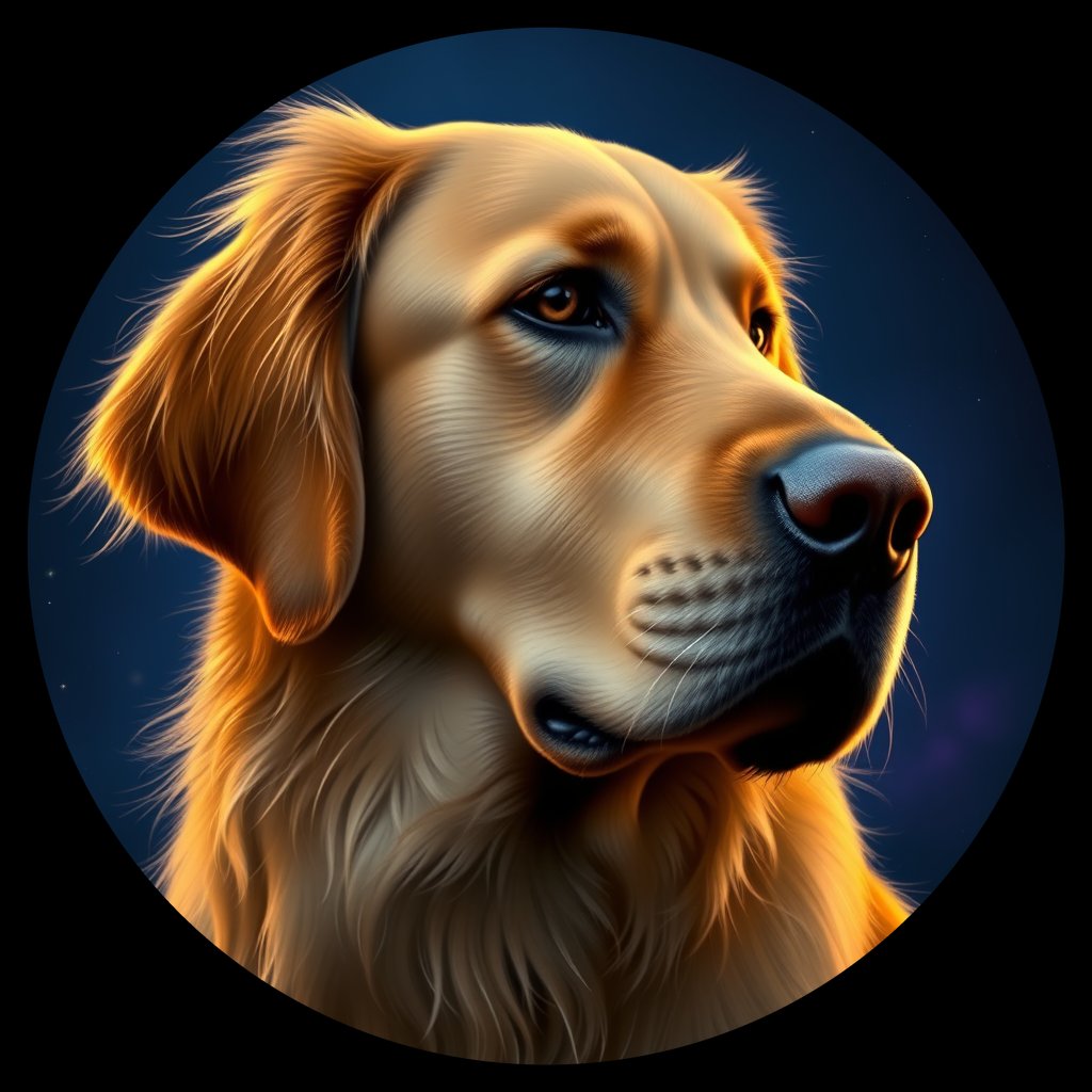 Cosmic medallion portrait of GRLS_grls2YX0E55, a Golden Retriever