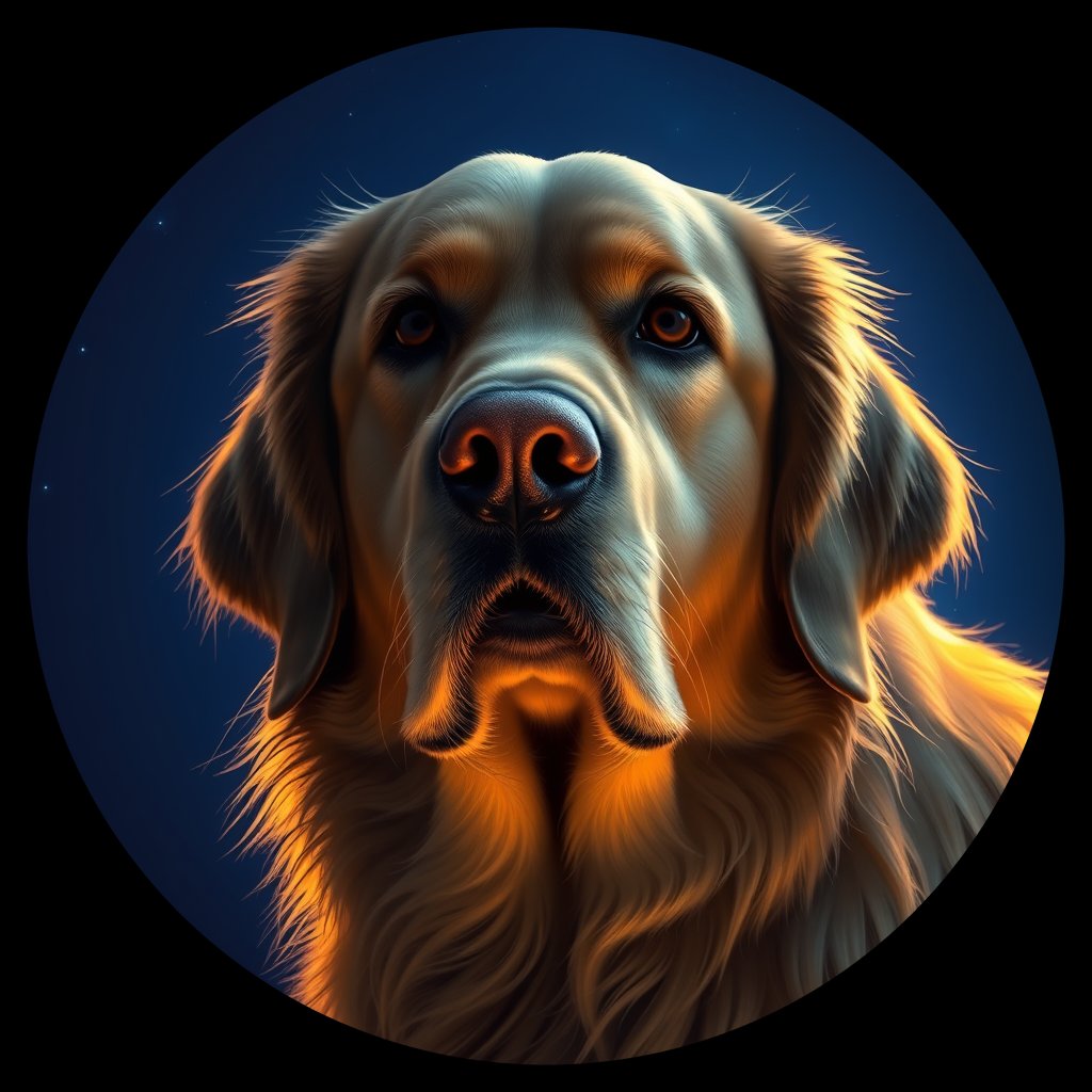 Cosmic medallion portrait of GRLS_grls32DCESEE, a Golden Retriever