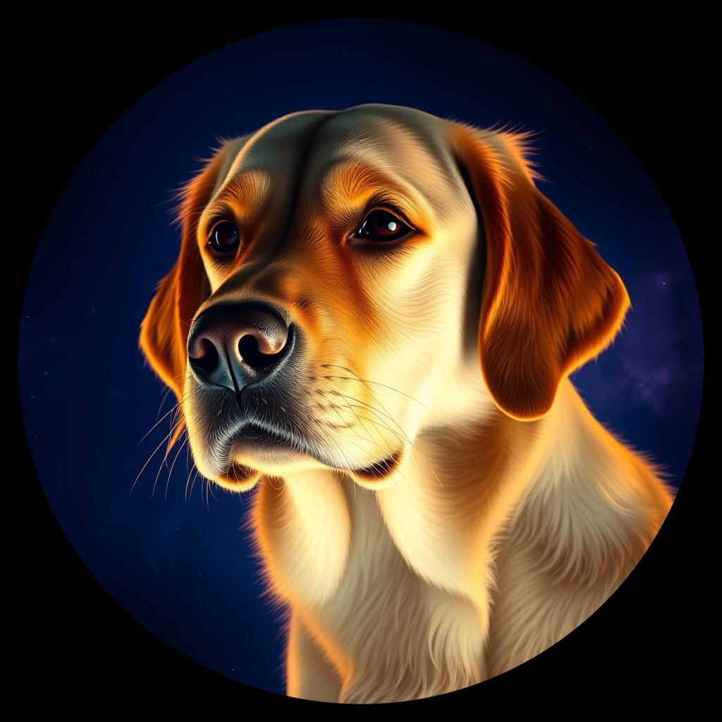Cosmic medallion portrait of GRLS_grls32HO7KHH, a Golden Retriever