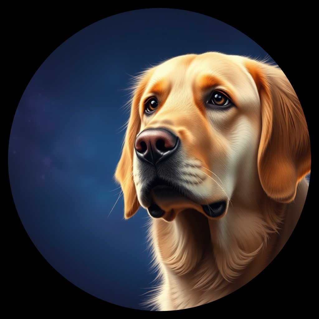 Cosmic medallion portrait of GRLS_grls33E7KL55, a Golden Retriever