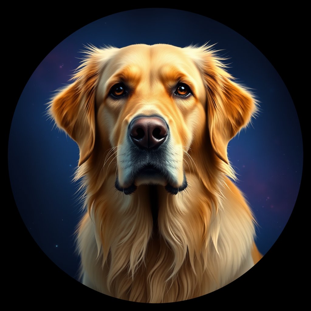 Cosmic medallion portrait of GRLS_grls35KUFL66, a Golden Retriever