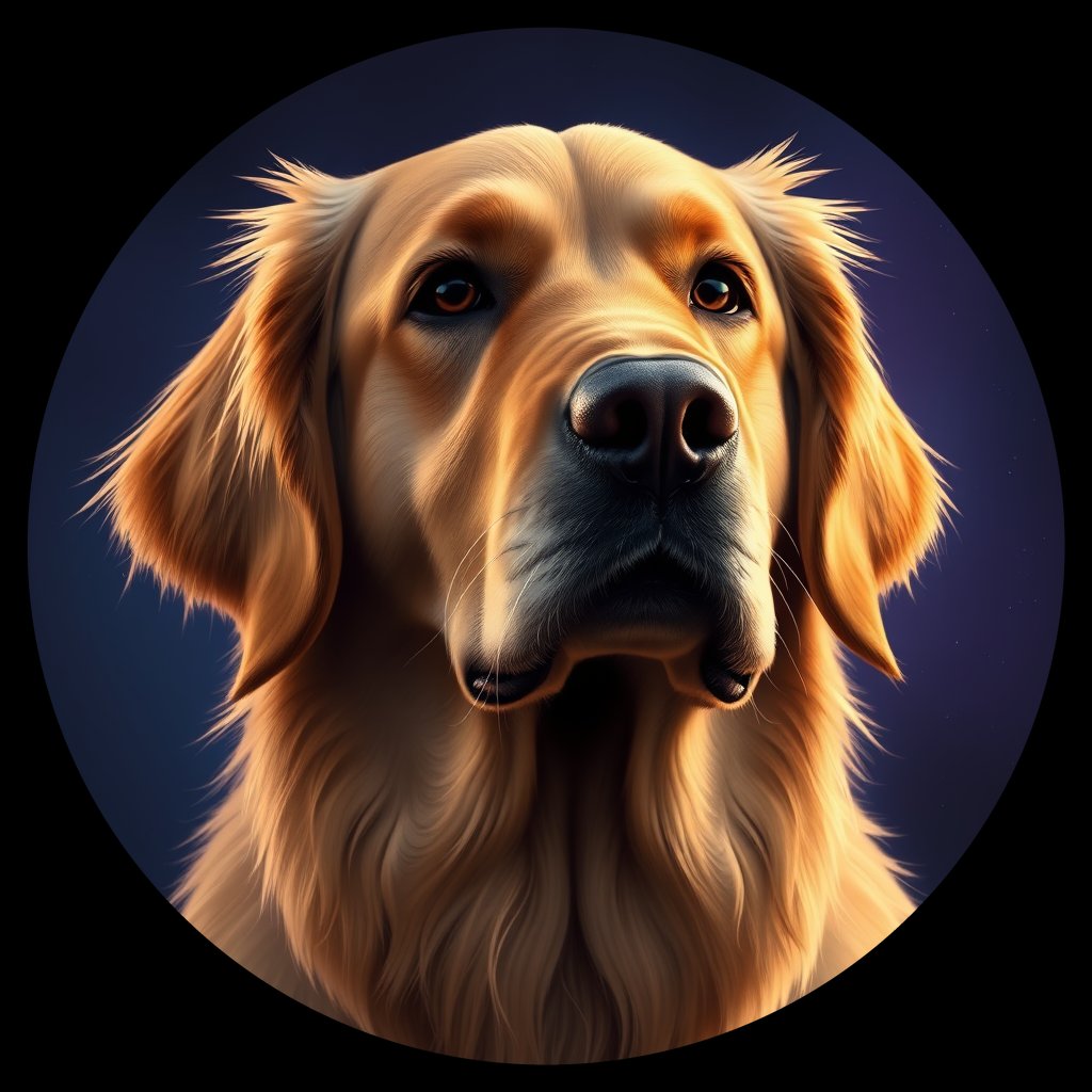 Cosmic medallion portrait of GRLS_grls36J0POXX, a Golden Retriever