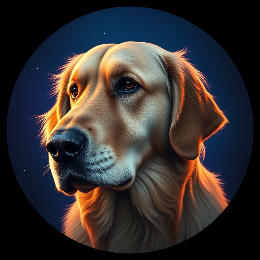 Cosmic medallion portrait of GRLS_grls3DZD6FPP, a Golden Retriever