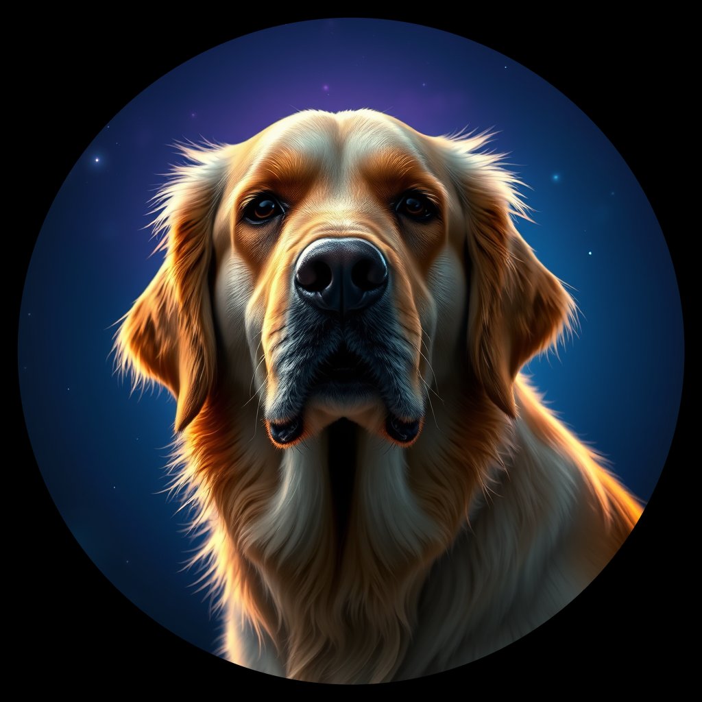 Cosmic medallion portrait of GRLS_grls3HMHXDKK, a Golden Retriever
