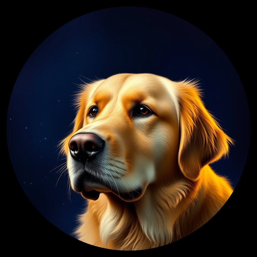 Cosmic medallion portrait of GRLS_grls3I2UQLDD, a Golden Retriever