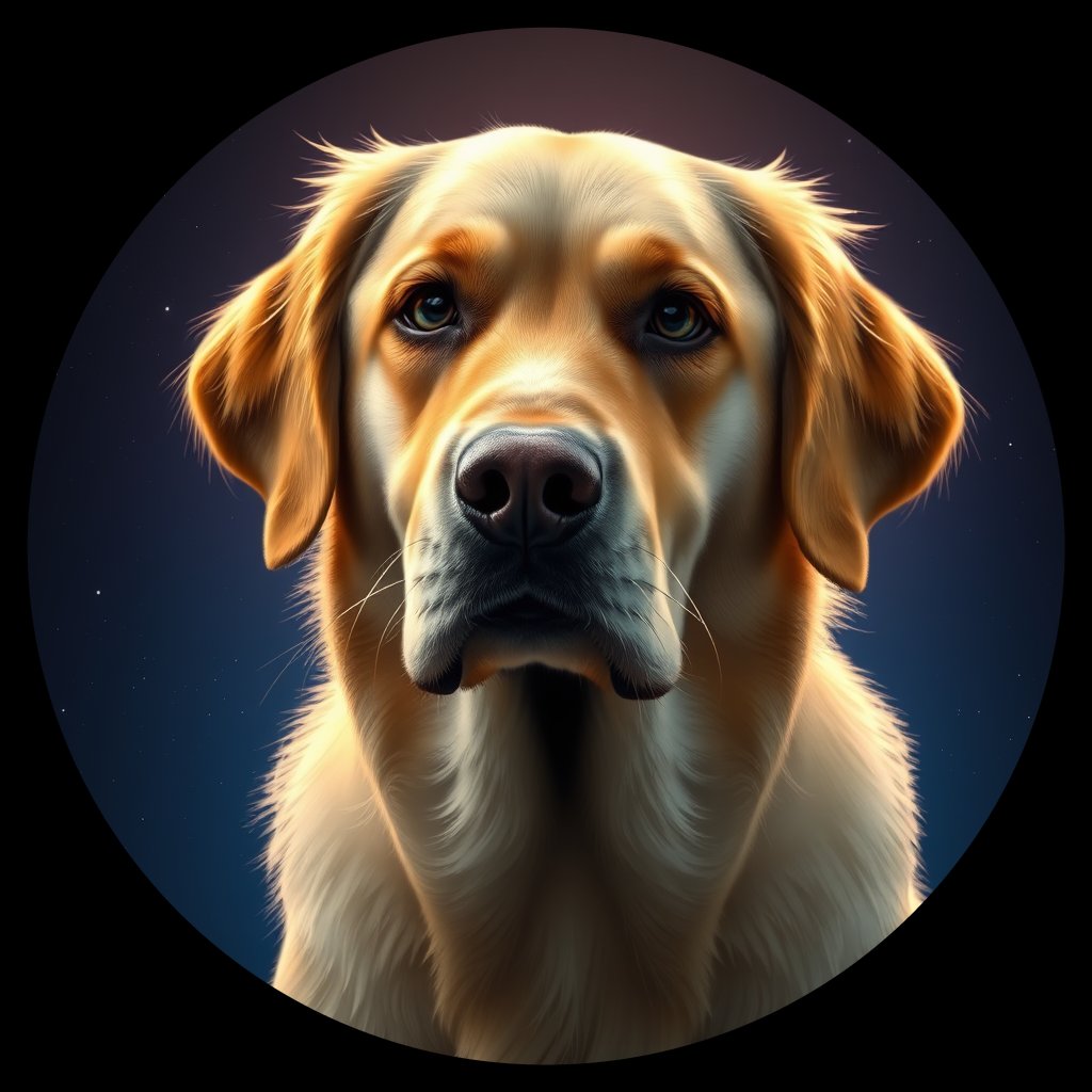 Cosmic medallion portrait of GRLS_grls3K8L4QEE, a Golden Retriever