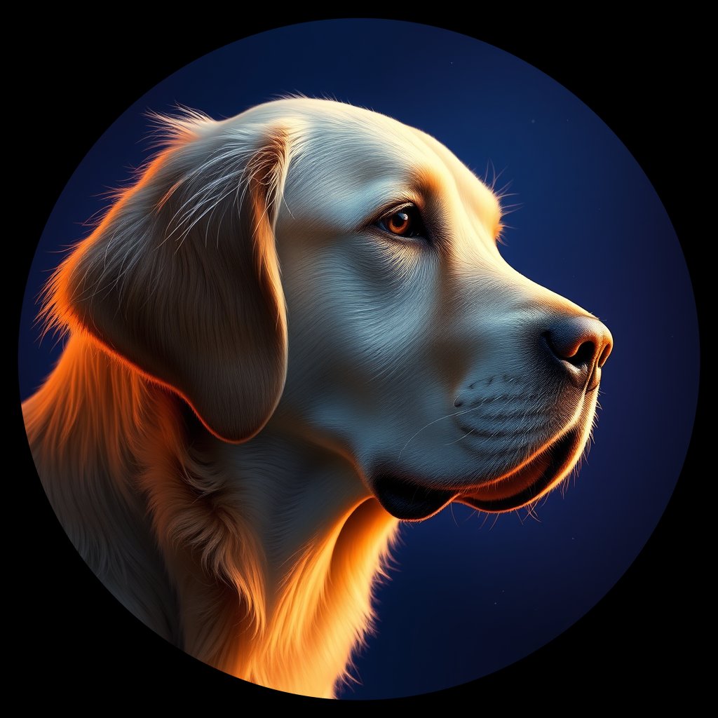 Cosmic medallion portrait of GRLS_grls3KMKIQ11, a Golden Retriever